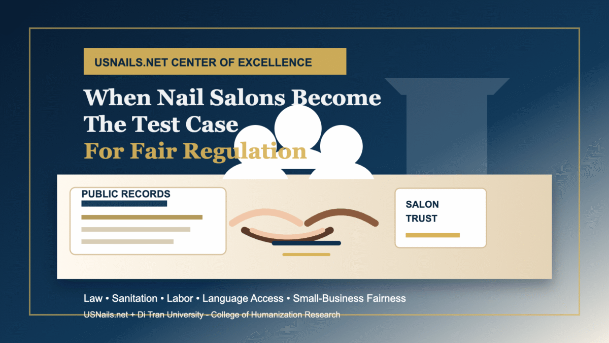 Editorial image for USNails.net showing nail salons as a public-education test case for fair regulation, sanitation, labor, language access, and small-business trust.
