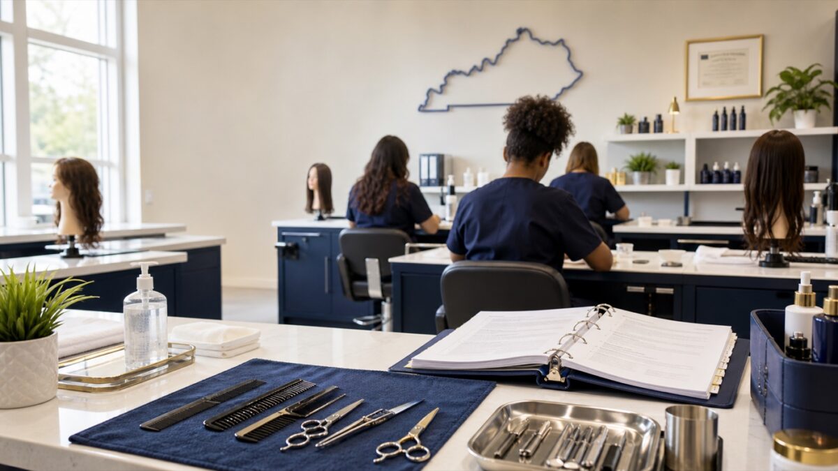 Professional beauty education classroom visual with sanitized tools, training stations, and compliance documents representing state-licensed beauty education.